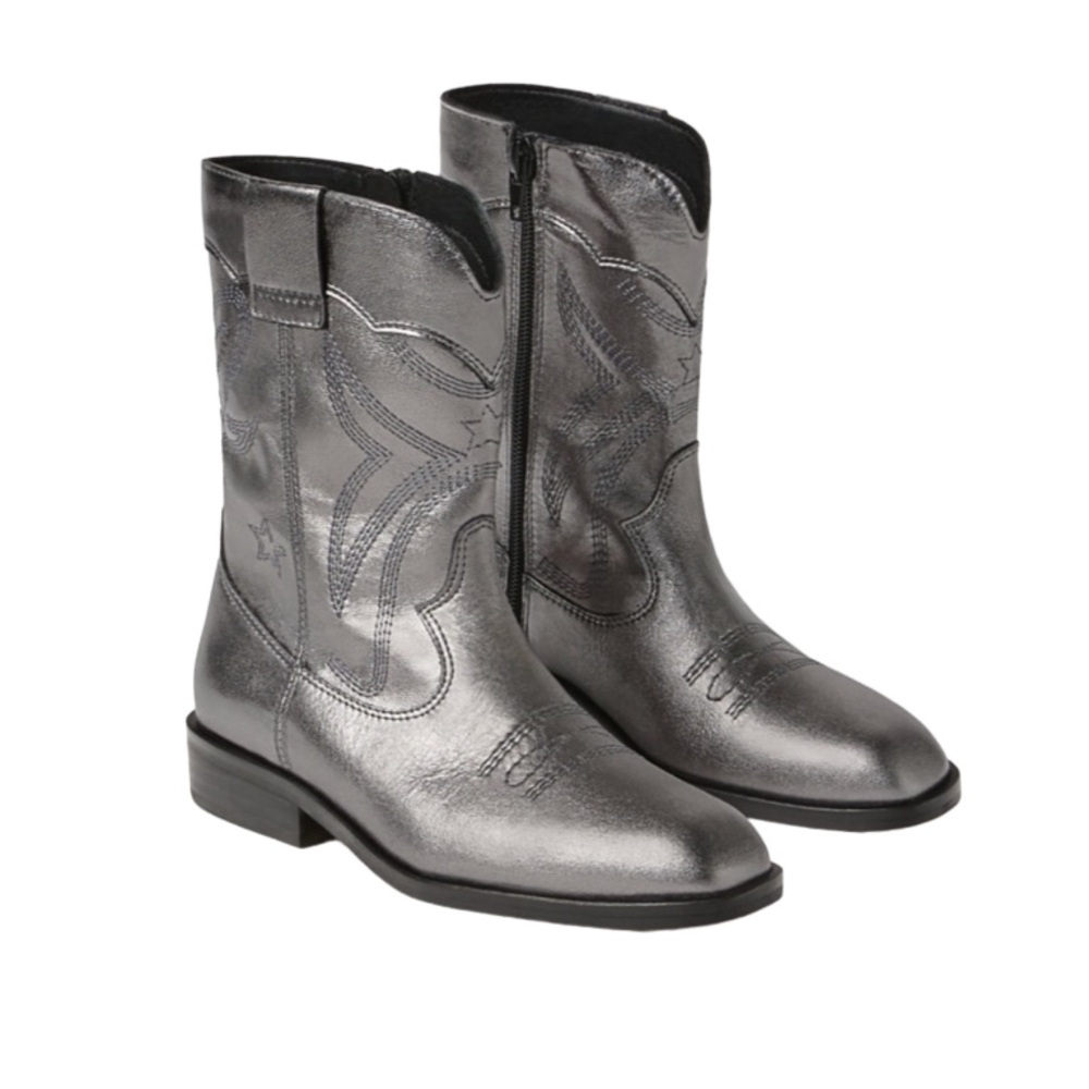 Zara Metallic Silver Leather Western Boots